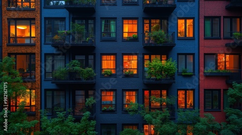 An urban apartment building at night, with various windows lit up.