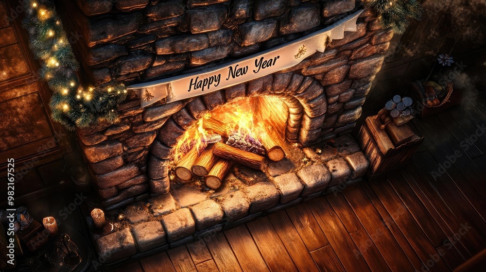 Fototapeta premium Cozy fireplace adorned for New Year celebration, creating a warm and inviting atmosphere with glowing embers and festive decor.