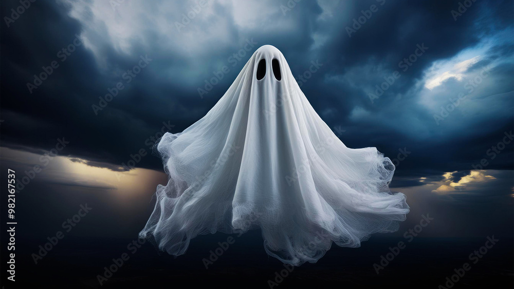 A ghost in a white sheet hovers in the air A ghost in a white sheet hovers in the air
