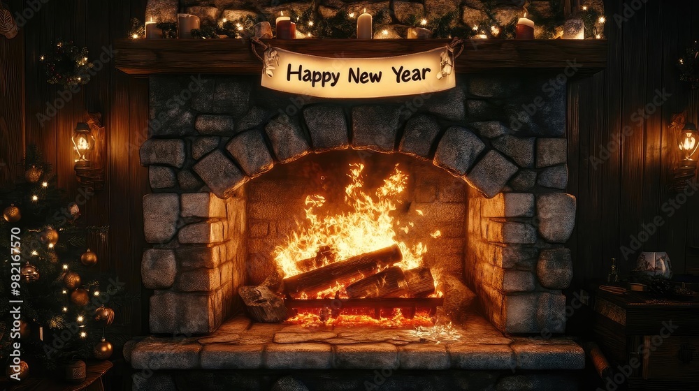 Cozy fireplace scene showcasing a welcoming atmosphere for the New Year celebration with warm flames and festive decor. Cozy fireplace scene showcasing a welcoming atmosphere for the New Year celebration with warm flames and festive decor.