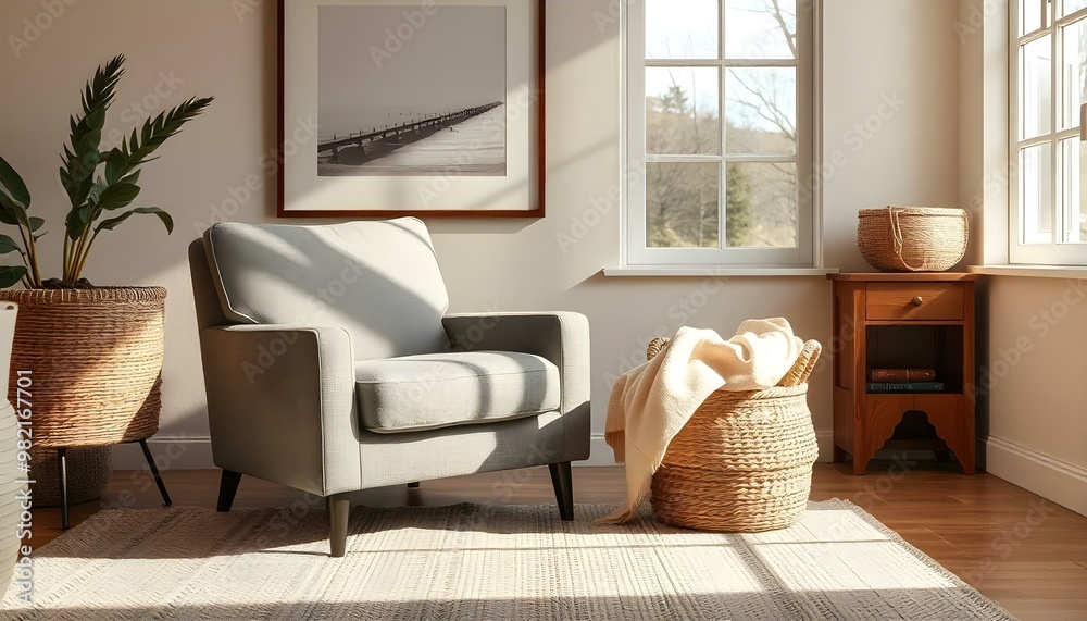 Obraz premium A cozy and inviting living room with a plush armchair, a woven basket, and a framed artwork on the wall. The room has a warm and relaxing atmosphere with soft lighting and a view of the outdoors thro
