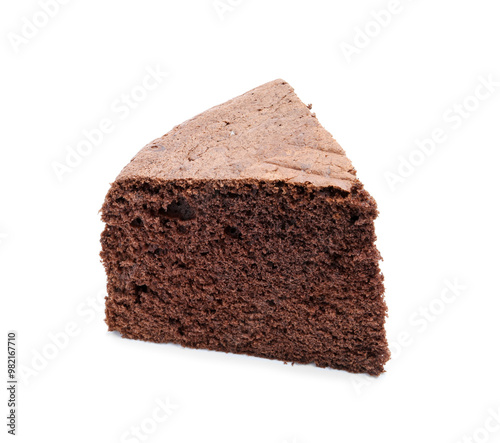 Piece of chocolate sponge cake isolated on white