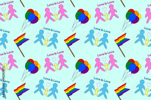 Seamless LGBT pattern featuring families, rainbow balloons, and pride flags. Perfect for celebrating love and diversity.