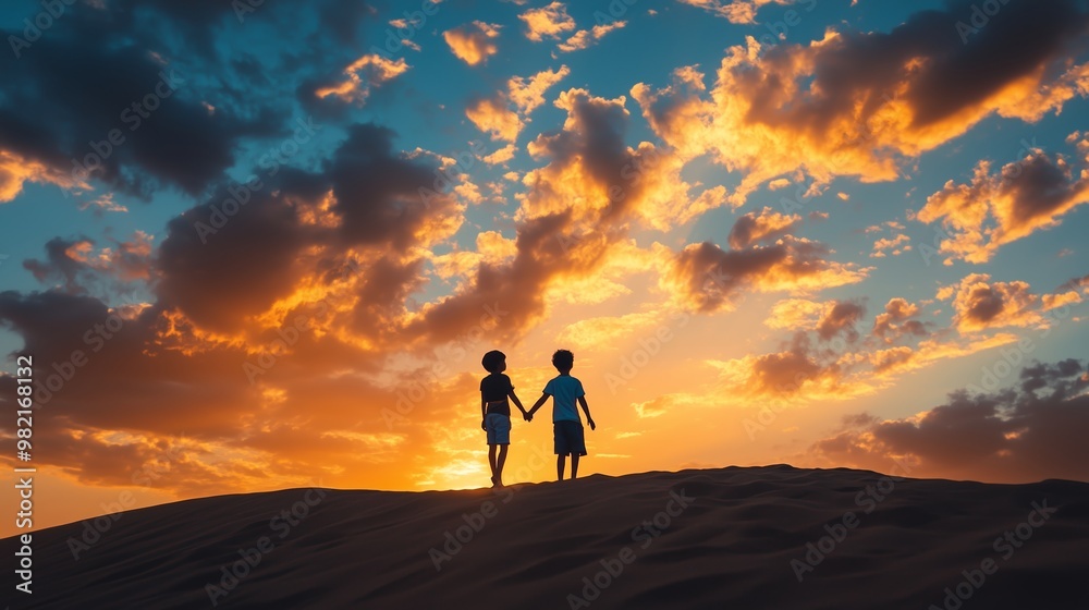 Two children holding hands against a stunning sunset backdrop in a sandy landscape, capturing a moment of friendship and joy