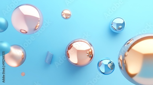 Abstract geometric shapes, metallic spheres, and a small cylinder on a light blue background.