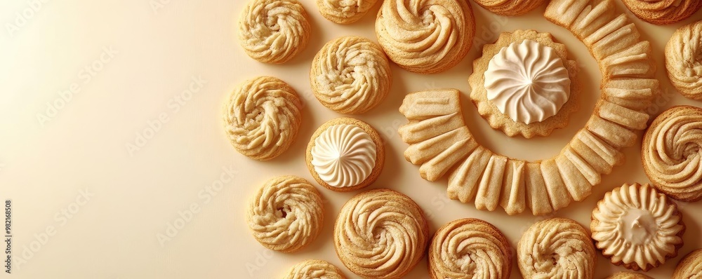 An artistic arrangement of spiral cookies creates a visually appealing dessert display, perfect for culinary themes. An artistic arrangement of spiral cookies creates a visually appealing dessert display, perfect for culinary themes.