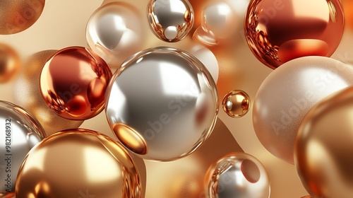Abstract background of shiny metallic spheres in gold, silver and copper.