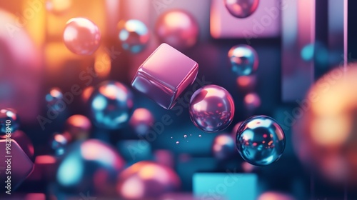 Shiny metallic spheres and cubes abstract background.