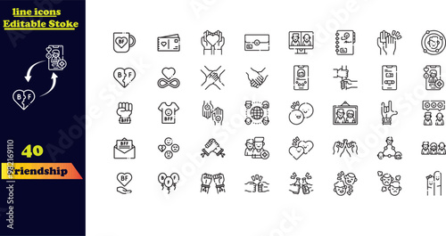 Friendship-themed icon set, featuring icons for friends, friend groups, socializing, kindness, encouragement, trust, support, and best friends.