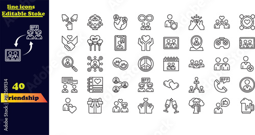 Friendship-themed icon set, featuring icons for friends, friend groups, socializing, kindness, encouragement, trust, support, and best friends.