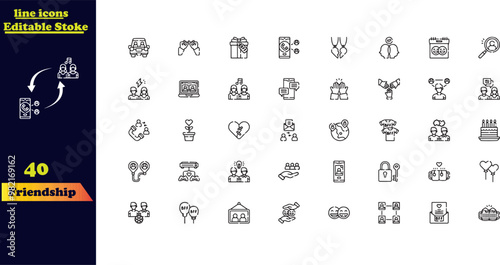 Friendship-themed icon set, featuring icons for friends, friend groups, socializing, kindness, encouragement, trust, support, and best friends.