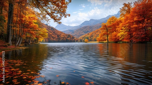 Autumn lake landscape with forest