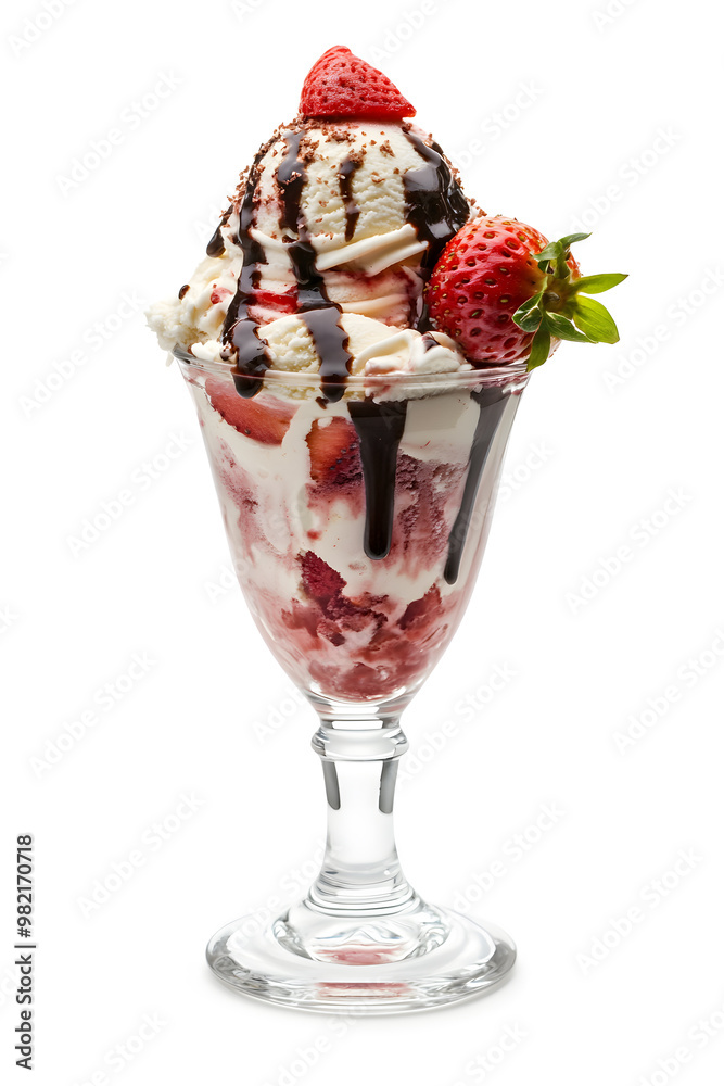 A sundae glass filled with delicious strawberry ice cream, topped with topping and fresh strawberries, isolated on a white background A sundae glass filled with delicious strawberry ice cream, topped with topping and fresh strawberries, isolated on a white background