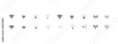 Wifi Signal Icons Set. Network signal, Internet sign. WIFI. Wifi signal strength. Wireless technology. Radio signals waves, radar, antenna, satellite signal symbols vector.