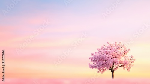 A serene pink blossom tree against a pastel sunset sky  representing tranquility and the beauty of nature.