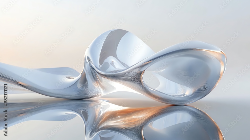 An abstract, metallic, shape curves and flows through space with a reflective surface. An abstract, metallic, shape curves and flows through space with a reflective surface.