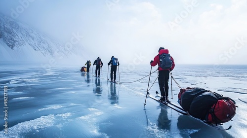 Group of Skiers Crossing a Frozen Lake in a Foggy, Snowy Landscape photo