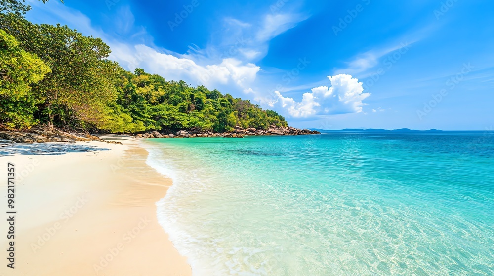 A pristine beach with white sand and crystal clear turquoise water. A pristine beach with white sand and crystal clear turquoise water.