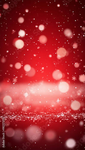 Red Christmas Background, Falling Snowflakes And Bokeh Lights Effect. Copy Space For Your Text