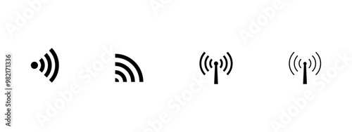 Wifi Signal Icons Set. Network signal, Internet sign. WIFI. Wifi signal strength. Wireless technology. Radio signals waves, radar, antenna, satellite signal symbols vector.