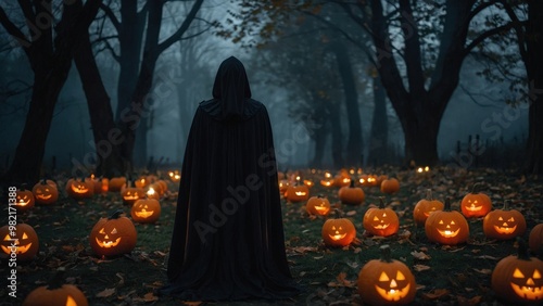 A hooded figure in a dark cloak stands in a forest surrounded by numerous lit candles at night, creating an eerie and mysterious atmosphere.
