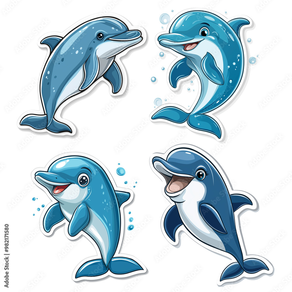 Obraz premium A set of sticker images with funny dolphins. Ai generated image.