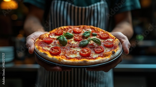 A waiter serves pizza in a cafe.