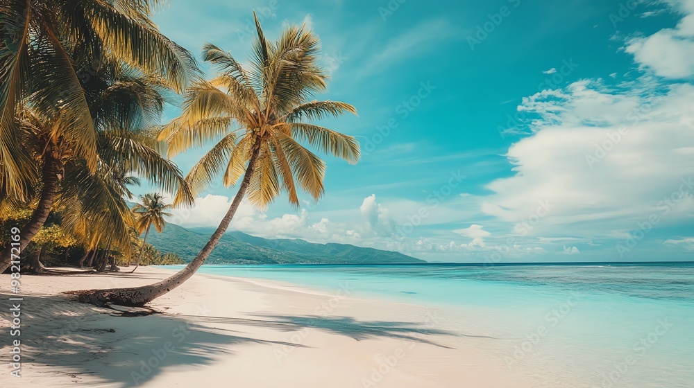 A picturesque tropical beach with palm trees and clear blue water. A picturesque tropical beach with palm trees and clear blue water.