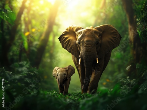 A serene moment of an elephant and its calf walking through a lush green forest, showcasing nature's beauty and connection. photo