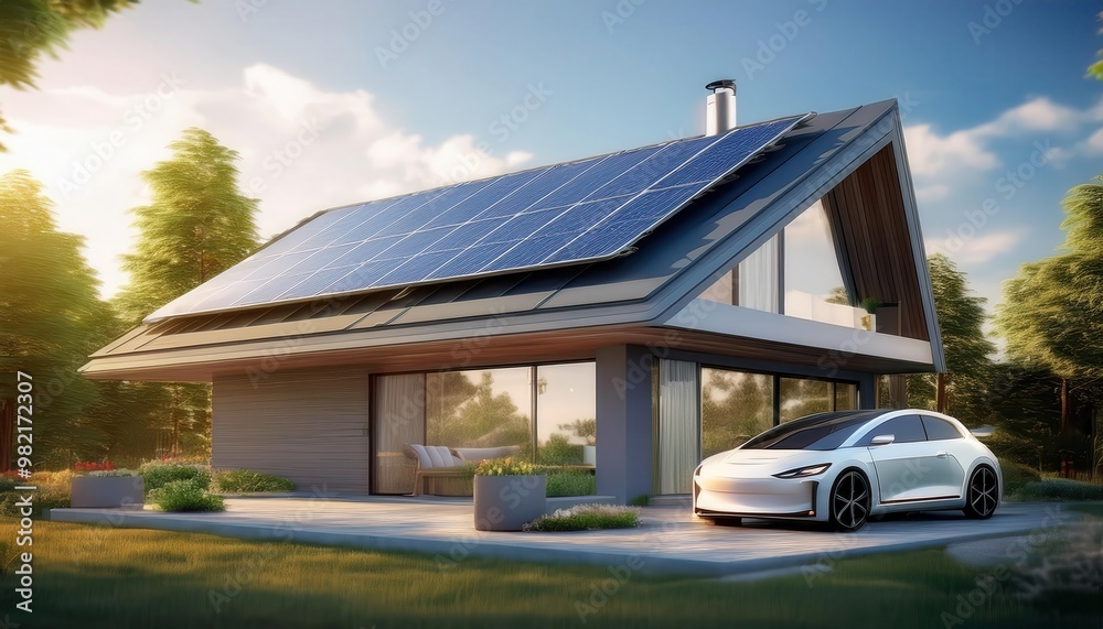 Modern, sustainable home with solar panels and an electric car parked in the driveway. Modern, sustainable home with solar panels and an electric car parked in the driveway.