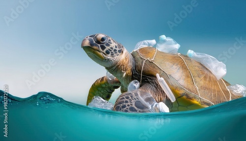 A sea turtle swims in the ocean, entangled in plastic debris.  The image highlights the devastating impact of pollution on marine life. photo