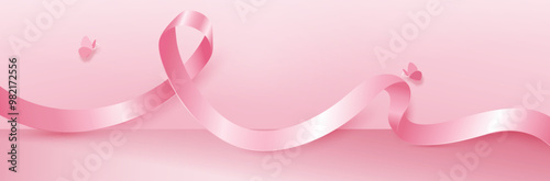 Breast cancer awareness pink banner background with curly pink ribbon symbol, vector design