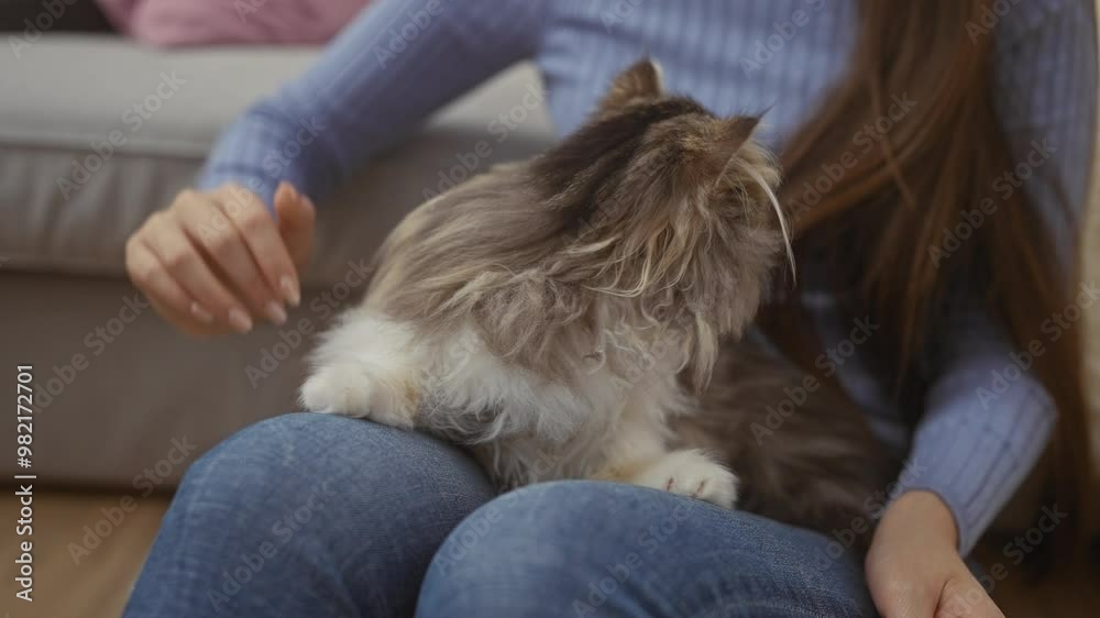 A woman petting a fluffy cat on her lap while seated in a cozy living room setting. A woman petting a fluffy cat on her lap while seated in a cozy living room setting.