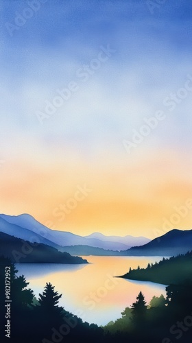 A serene landscape at sunset, featuring a calm lake surrounded by majestic mountains and lush pine trees.