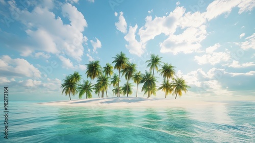 A tropical island with palm trees and white sand beach, surrounded by blue water.