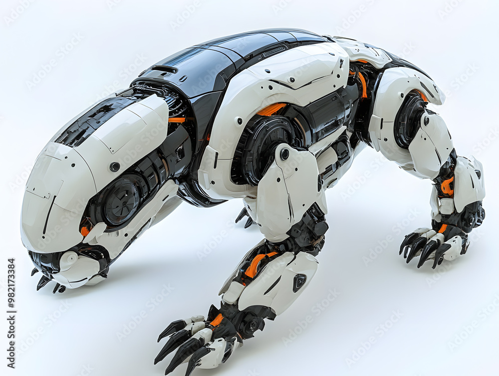 A futuristic robotic animal, sleek metallic design isolated on white A futuristic robotic animal, sleek metallic design isolated on white