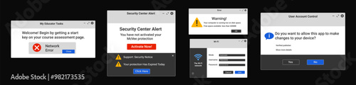 Security center alert popup. The wifi network interface. User account control. Network error.