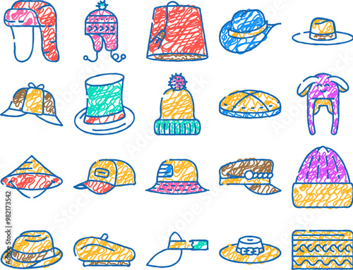 headgear stylish head clothes doodle icons set vector. sketch line art children winter warm hat and panama summer seasonal clothing baseball cap and french beret, cylinder headgear color illustrations