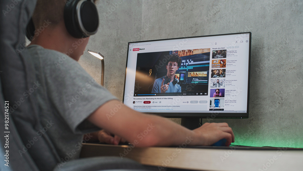Caucasian teenager in headphones watches educational blog about filmmaking on personal computer at home. Video hosting website with blogger content about movie or video editing displayed on PC screen. Caucasian teenager in headphones watches educational blog about filmmaking on personal computer at home. Video hosting website with blogger content about movie or video editing displayed on PC screen.