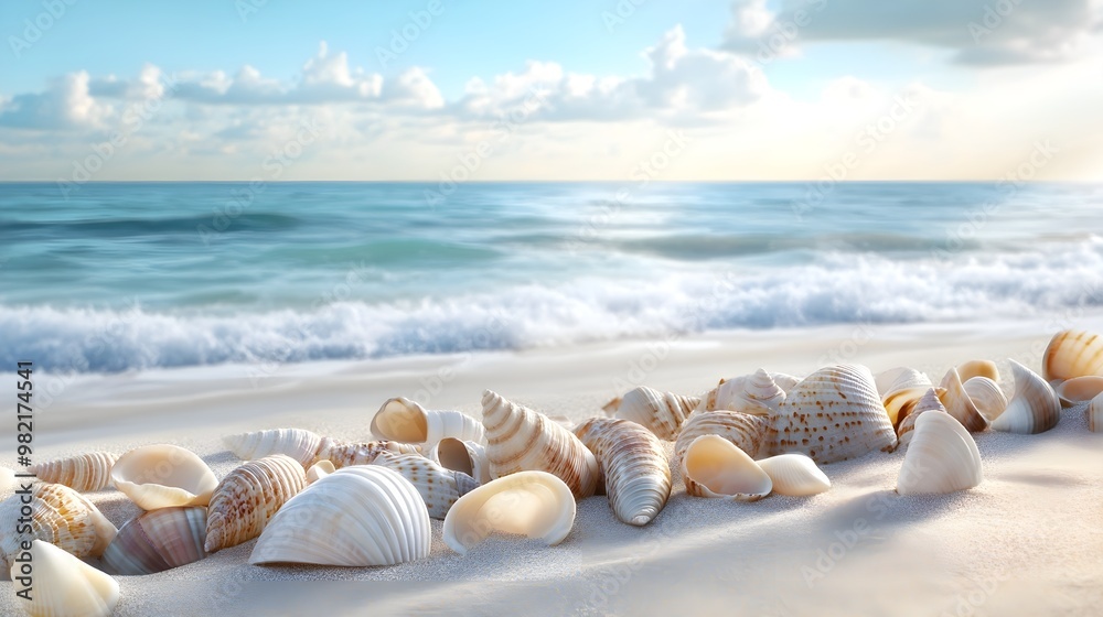 Bright sunny day in beach. Colorful seashells on the beach Bright sunny day in beach. Colorful seashells on the beach