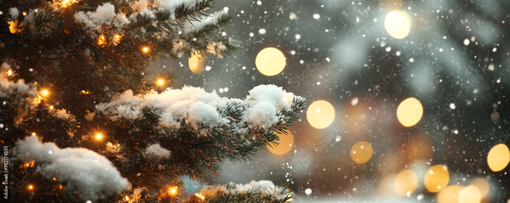 Naklejka premium Frosted Evergreen Branches with Warm Fairy Lights