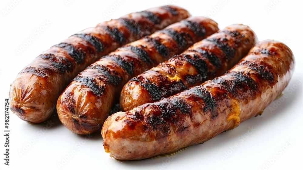 Four Grilled Sausages with Charred Grill Marks and a Shiny Glaze Four Grilled Sausages with Charred Grill Marks and a Shiny Glaze