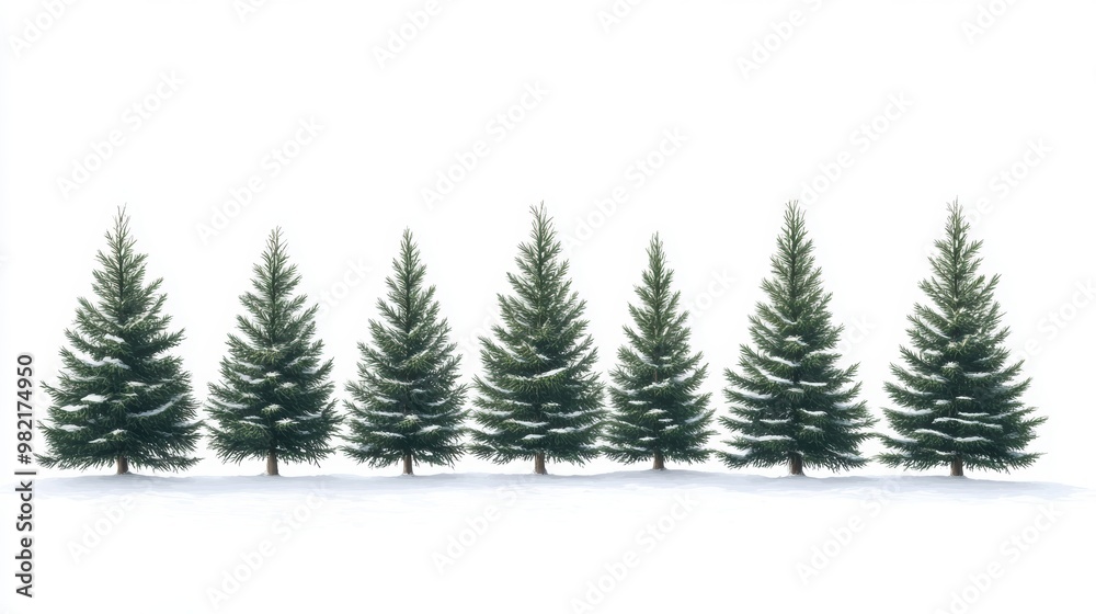 A row of evergreen trees covered in snow, creating a serene winter landscape with a bright white background. A row of evergreen trees covered in snow, creating a serene winter landscape with a bright white background.