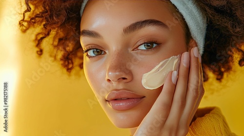 A young woman with curly hair applies face cream to her cheek photo