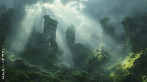 Sunbeams Illuminate Mossy Stone Pillars in a Mystical Forest