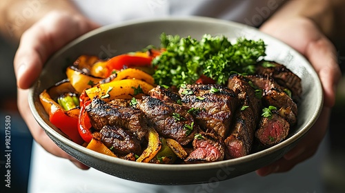 Close-up of a bowl of grilled steak, bell peppers, and parsley held by hands