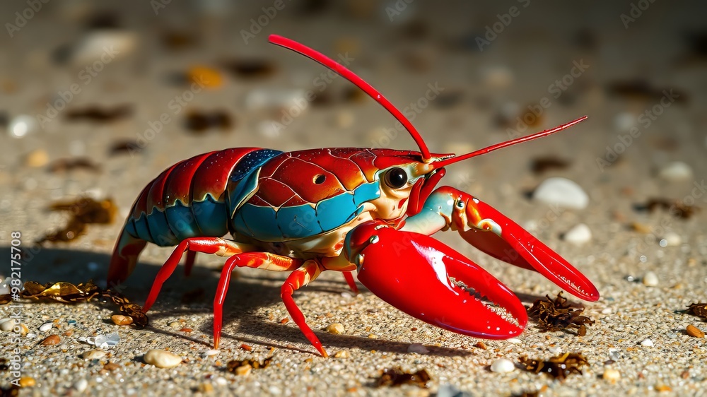 A vibrant red and blue crustacean, its shell glistens with dew, as it moves swiftly across a sandy A vibrant red and blue crustacean, its shell glistens with dew, as it moves swiftly across a sandy