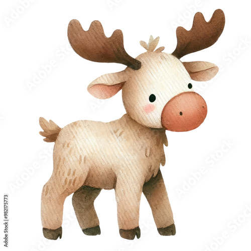 A cute cartoon moose with big eyes and fluffy fur, standing against a black background, showcasing its adorable features.