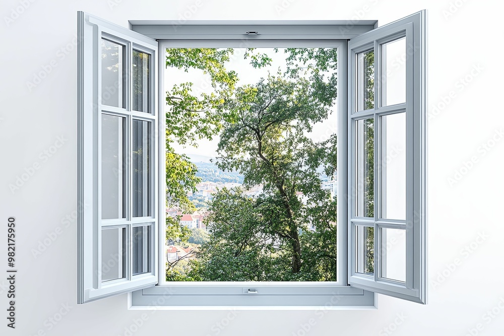 Open Window with View of Green Trees and a Cityscape Open Window with View of Green Trees and a Cityscape