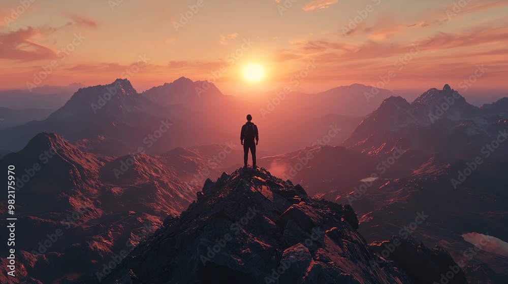 Hiker Standing on Mountain Peak at Sunrise. Hiker Standing on Mountain Peak at Sunrise.